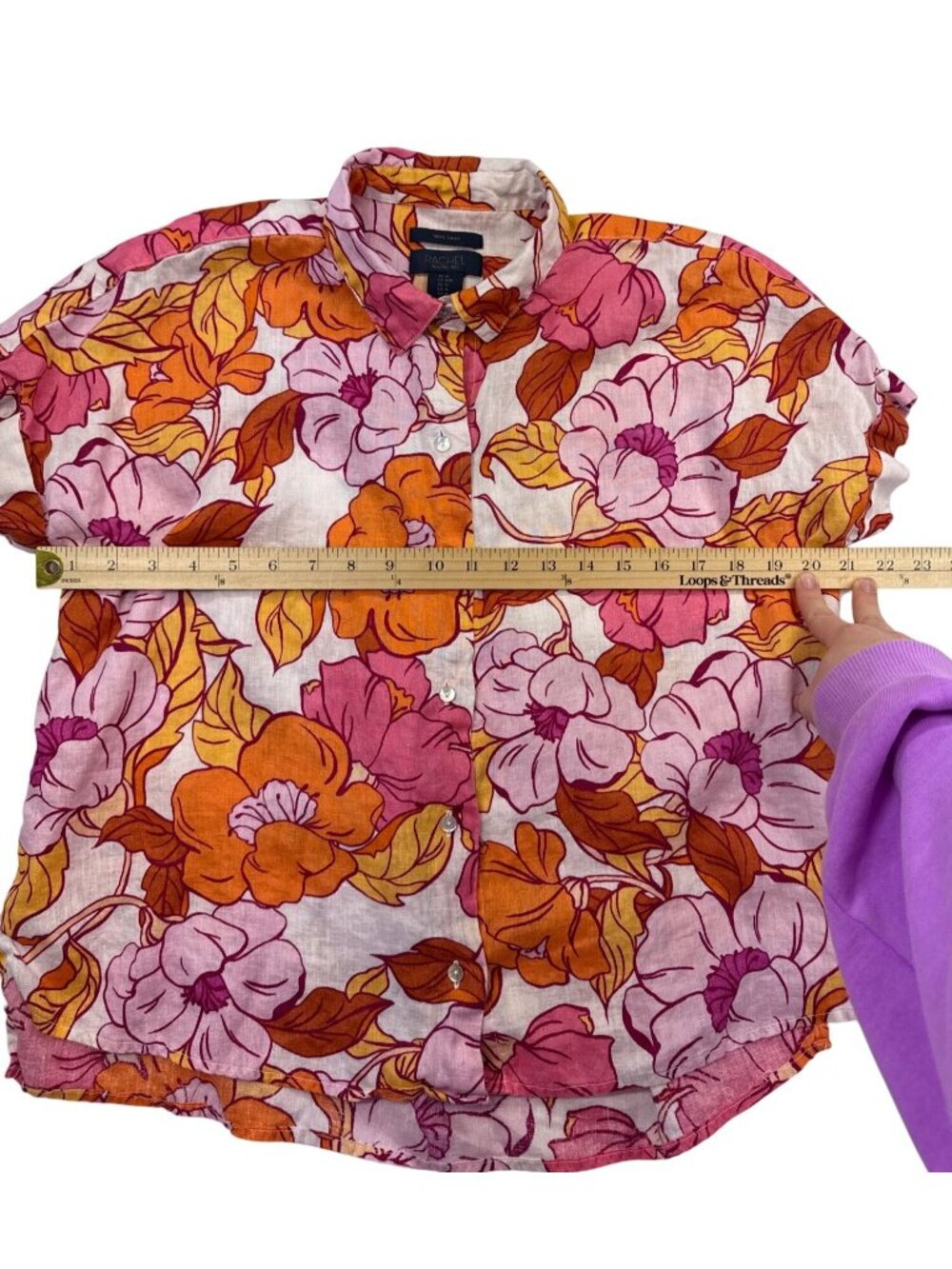 Rachel Roy Linen Floral Hawaiian Shirt Sz M Cropped Tropical Button Up Resort - Picture 7 of 8